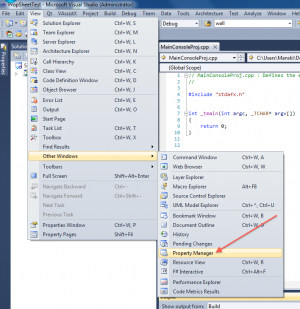 "Property Manager" in Visual Studio's menu "Property Manager" in Visual Studio's menu