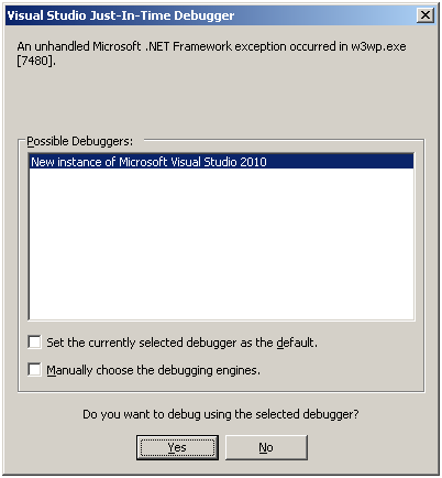 VS2010 JIT Debugger Dialog
